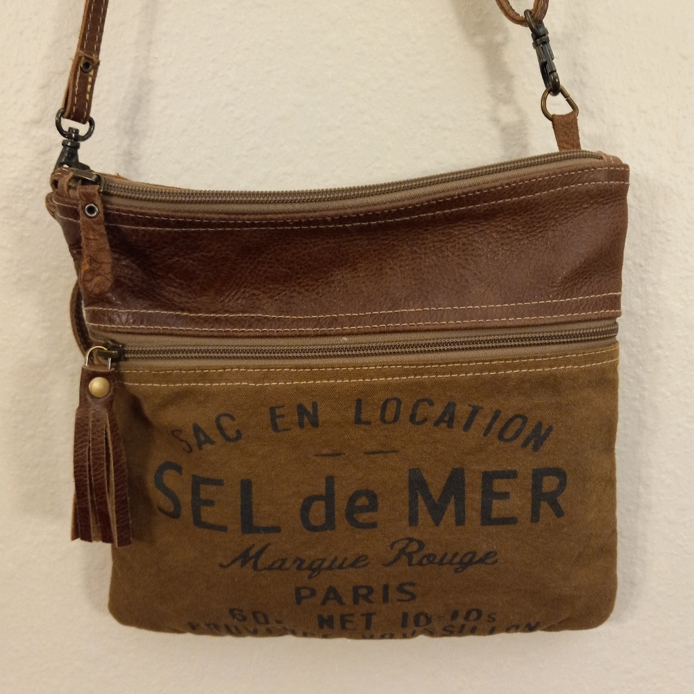 Myra Bag Crossbody Leather/Gunny Sack Bag with Adjustable Strap.